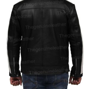 Alternative view of Mens White Striped Black Cafe Racer Leather Jacket