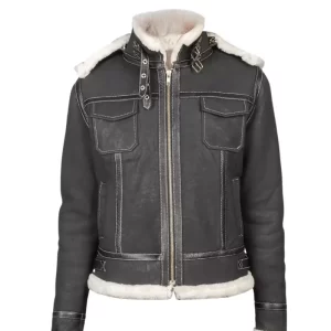 Women Black Leather Shearling Jacket with Hood