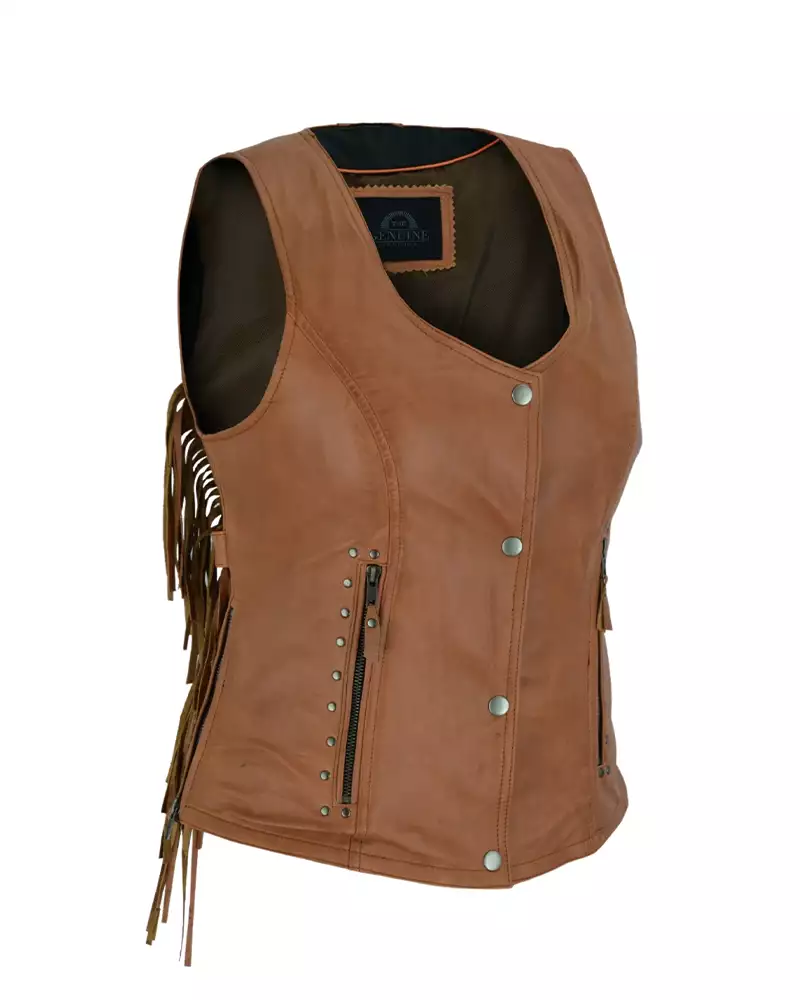 Women Brown Leather Vest with Fringe