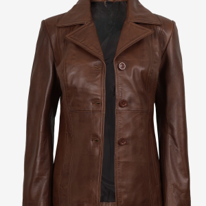 Women Brown Three Button Leather Blazer
