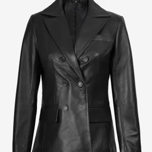 Women Notch Lapel Black Leather Coat