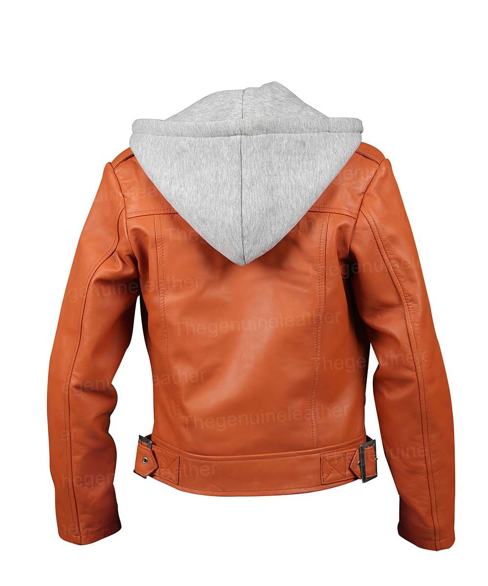 Women Orange Leather Jacket - Image 2