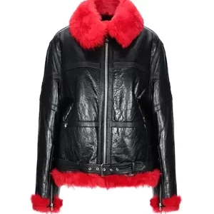 Women Red Faux Fur Aviator Jacket