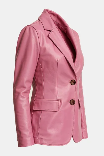 Women’s Two Button Pink Lambskin Leather Blazer - Image 2