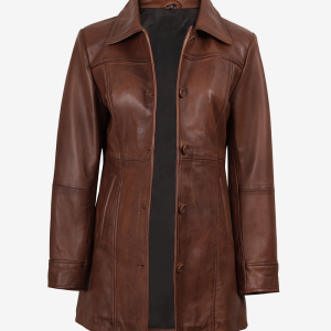 Womens 3/4 Length Button Down Leather Coat