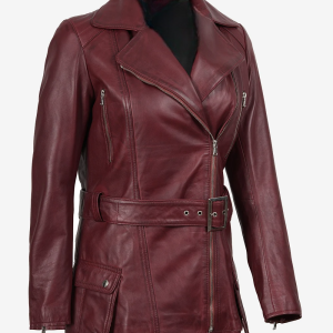 Alternative view of Women's Asymmetrical Maroon Belted Biker Leather Jacket