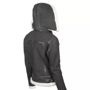 Alternative view of Women Black Leather Shearling Jacket with Hood