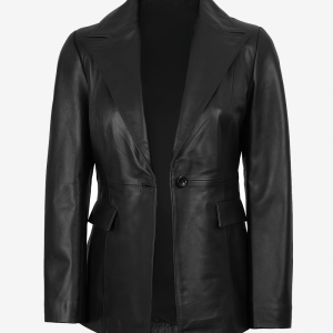 Womens Black Single Button Leather Blazer