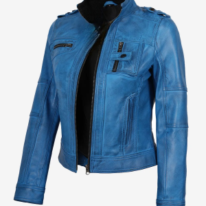 Alternative view of Women's Blue Waxed Lambskin Leather Biker Jacket