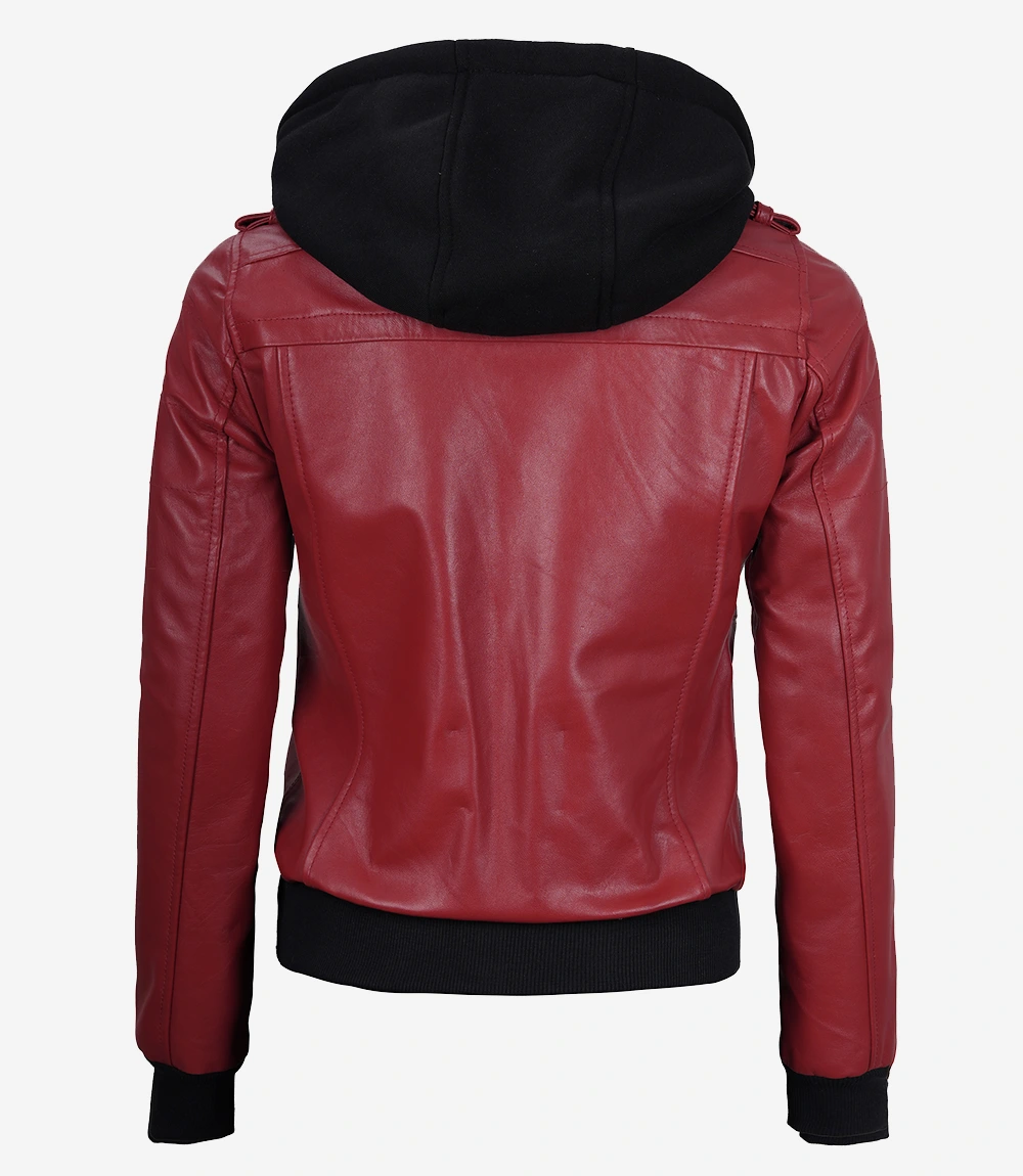 Womens Red Hooded Bomber Leather Jacket - Image 5