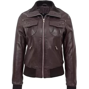 Women’s Brown Leather Bomber Jacket