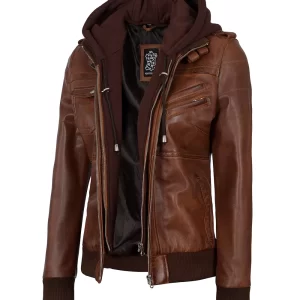 Alternative view of Womens Brown Leather Bomber Jacket With Hood