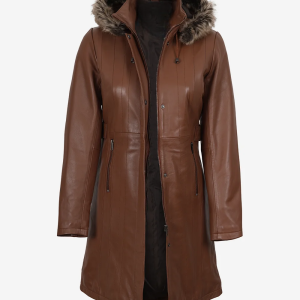 Women's Brown Real Leather Coat With Removable Hood