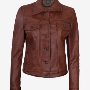Alternative view of Womens Brown Trucker Leather Jacket