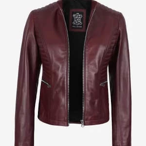 Women's Burgundy Leather Cafe Racer Jacket