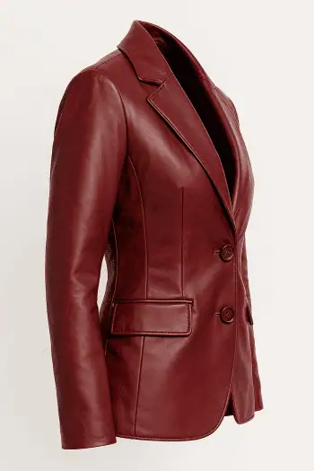 Women’s Burgundy Maroon Lambskin Leather Blazer - Image 3