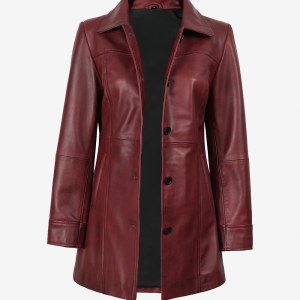 Womens Button Down Burgundy Leather Car Coat