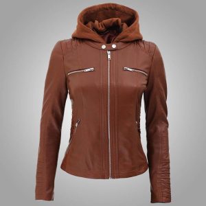 Alternative view of Womens Cafe Racer Detachable Leather Hooded Jacket