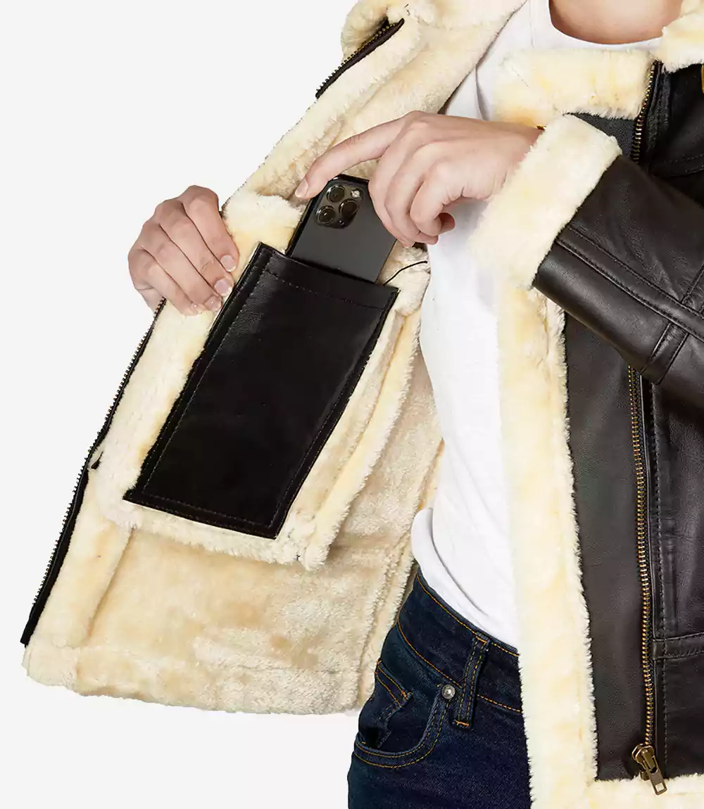 Women's Dark Brown B3 Leather Bomber Shearling Jacket - Image 4