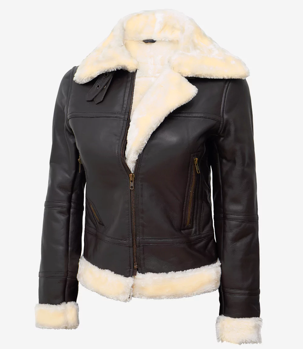Women's Dark Brown B3 Leather Bomber Shearling Jacket - Image 2