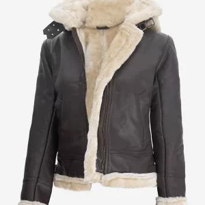 Alternative view of Womens Dark Brown Hooded Shearling Leather Jacket