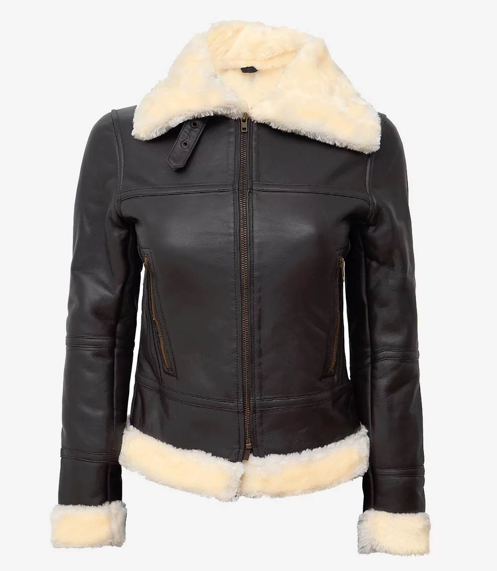 Women's Dark Brown B3 Leather Bomber Shearling Jacket - Image 3