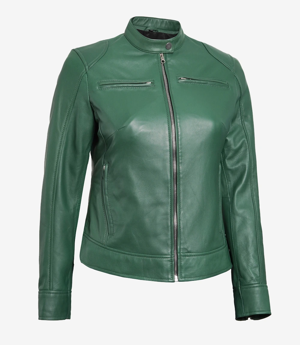 Women's Green Biker Style Leather Jacket - Image 4