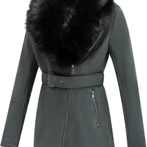 Alternative view of Women's Green Leather Fur Pea Coat