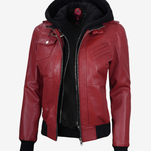 Alternative view of Womens Red Hooded Bomber Leather Jacket