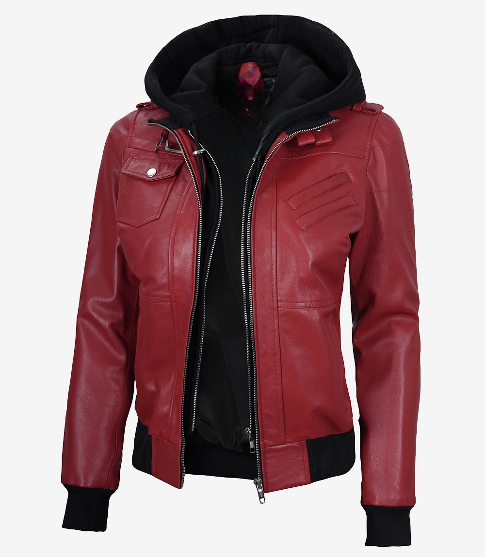 Womens Red Hooded Bomber Leather Jacket - Image 2
