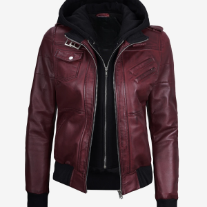 Alternative view of Womens Maroon Hooded Bomber Leather Jacket