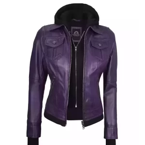 Women's Purple Hood Removable Leather Jacket