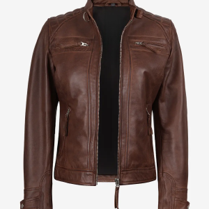 Womens Quilted Brown Leather Biker Style Jacket