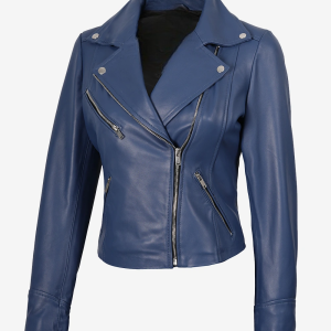 Alternative view of Womens Real Lambskin Leather Blue Biker Jacket