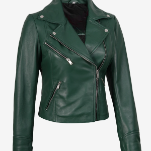 Alternative view of Womens Real Lambskin Leather Green Biker Jacket