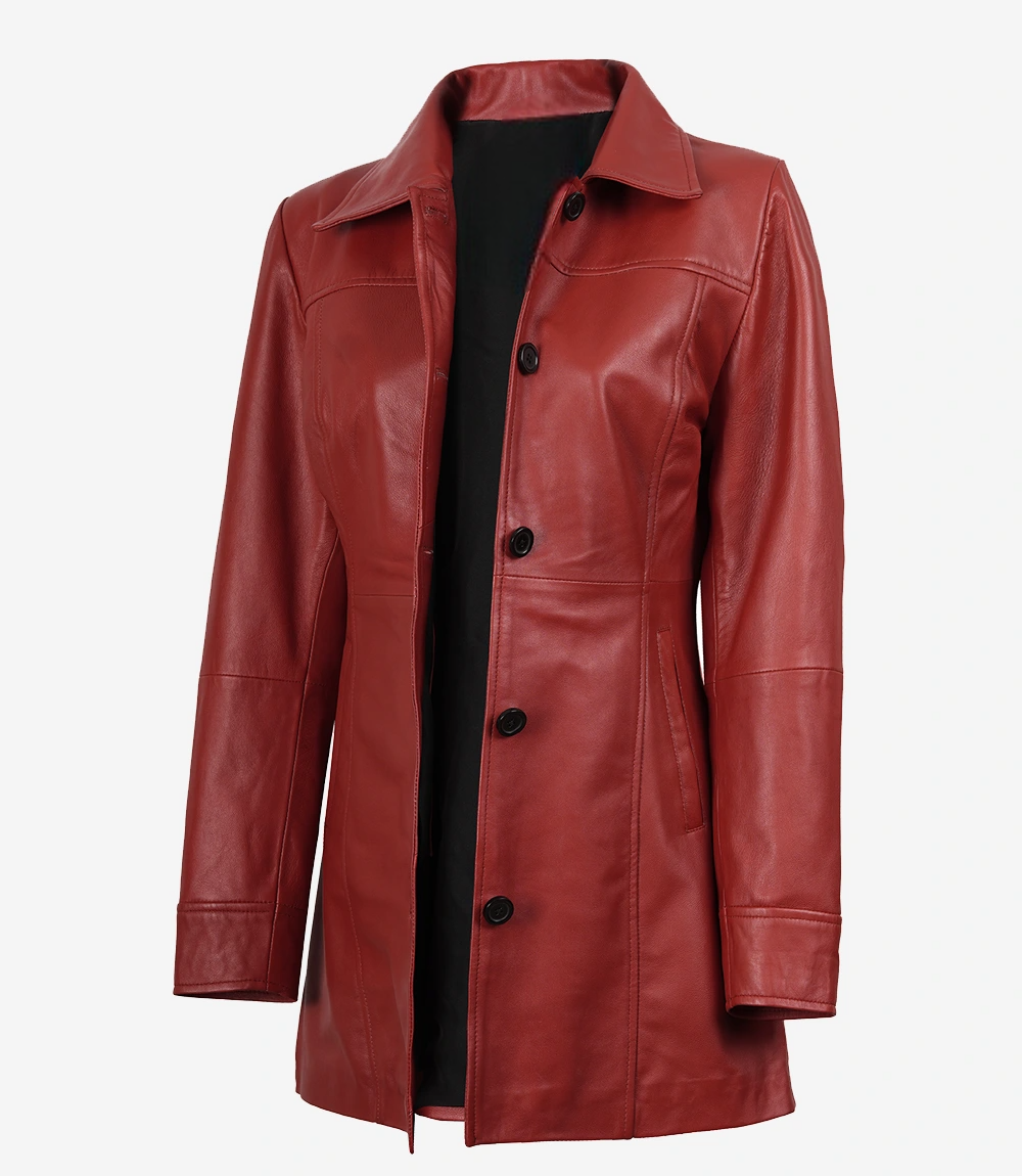 Womens Real Lambskin Leather Red Car Coat - Image 2