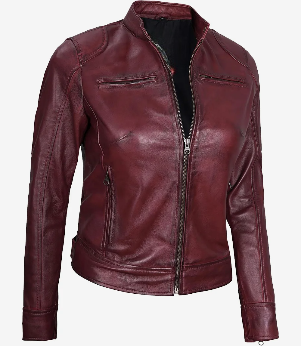 Womens Real Leather Burgundy Biker Style Jacket - Image 4