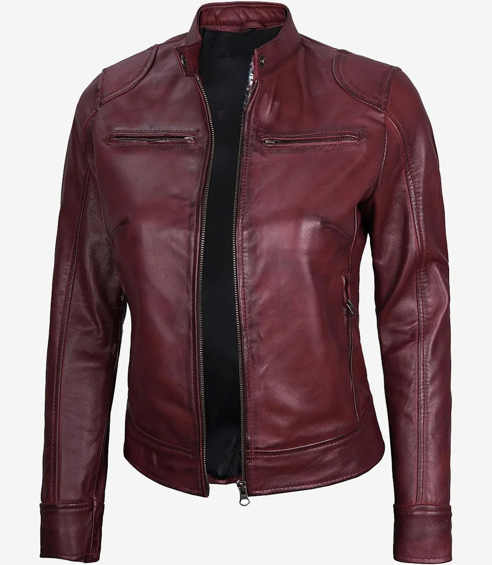 Womens Real Leather Burgundy Biker Style Jacket - Image 2