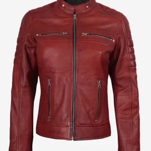 Alternative view of Womens Real Leather Red Waxed Biker Style Jacket