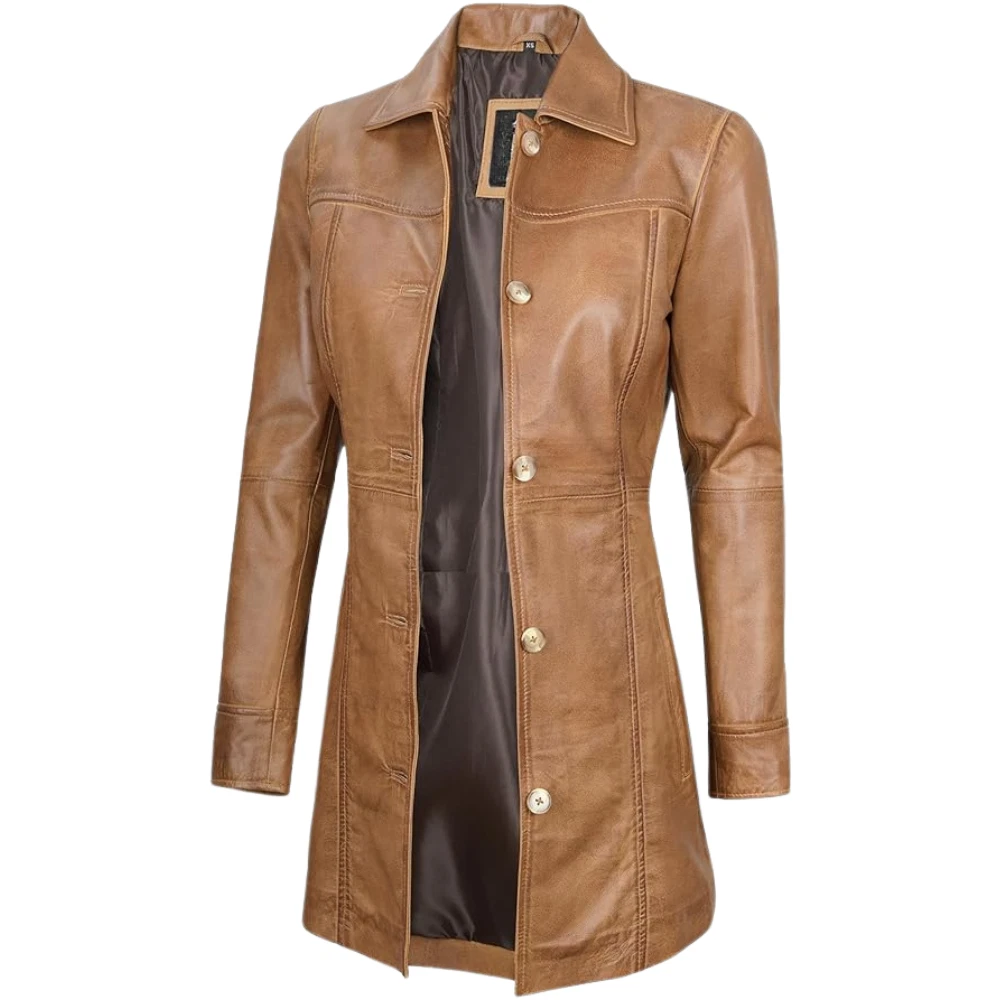 Women's Real Sheepskin Long Leather Coat - Image 3