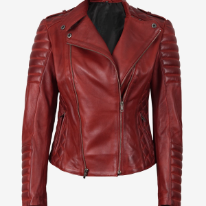 Alternative view of Women's Red Asymmetrical Padded Leather Biker Style Jacket