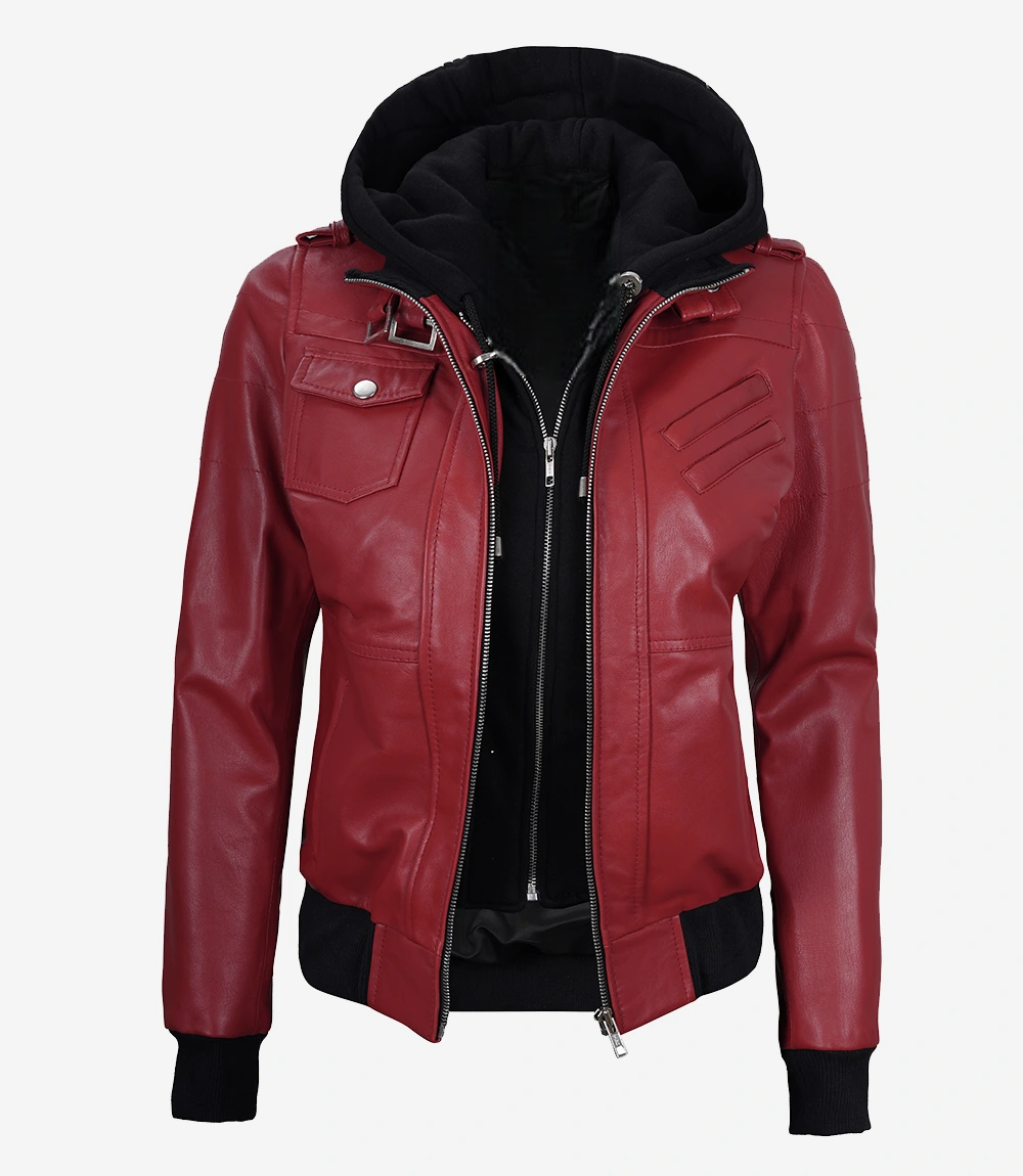 Womens Red Hooded Bomber Leather Jacket - Image 3