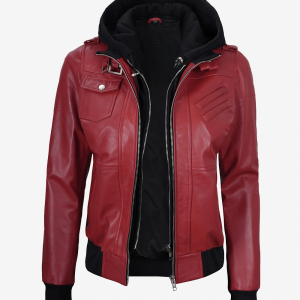 Womens Red Hooded Bomber Leather Jacket