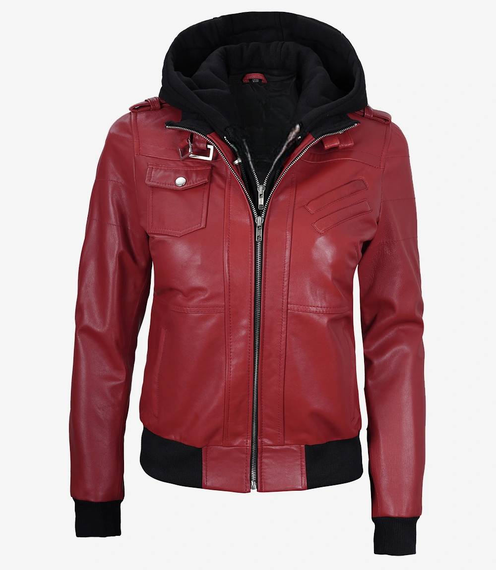 Womens Red Hooded Bomber Leather Jacket - Image 4