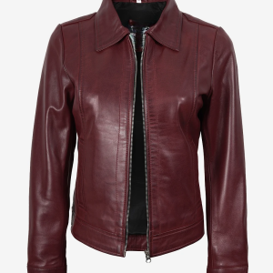 Womens Shirt Collar Burgundy Leather Jacket