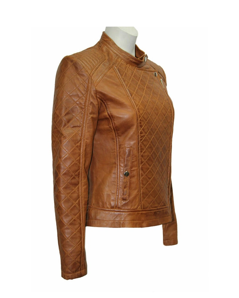 Women Slim Fit Brown Quilted Leather Jacket - Image 2