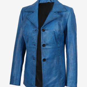 Alternative view of Womens Three Button Blue Waxed Leather Coat