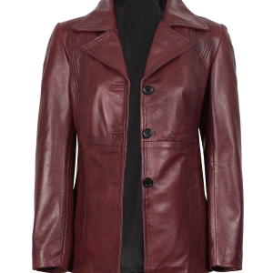 Womens Three Button Burgundy Leather Blazer