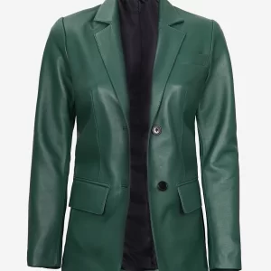 Womens Two Button Green Leather Blazer
