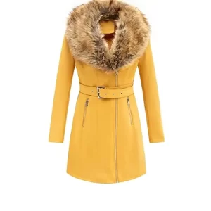 Women's Yellow Leather Fur Pea Coat